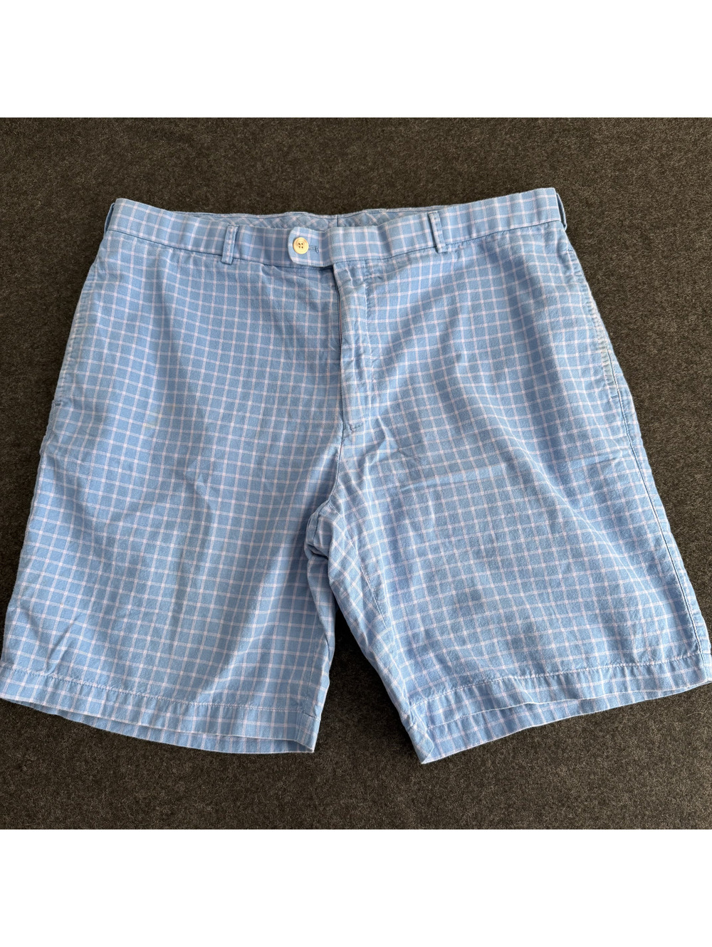 Peter Millar Light Blue Grid Plaid 100% Cotton Flat Front Chino Shorts Sz 38